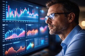 Fototapeta premium Man analyzing financial data on computer screen with graphs and charts