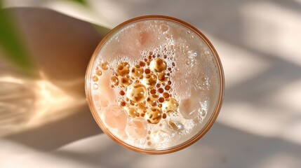 Refreshing Drink with Bubbles, Ice, and Garnish in a Glass on a Bright Surface