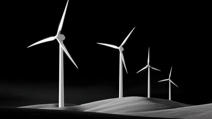 Elegant Black and White Capture of Wind Turbines Standing Tall on Rolling Hills Under Dramatic Lighting Conditions