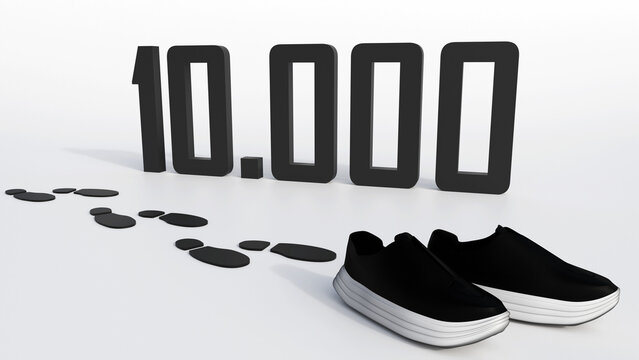A 3d rendering of running shoes and the number "10,000"  refers to a 10K race or the classic 10,000 steps daily goal.