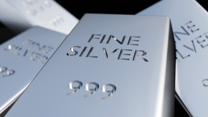 A 3d rendering of silver bullion bars, each bar is stamped with the text "FINE SILVER" and the purity mark "999", indicating they are 99.9% pure silver. © Love Employee