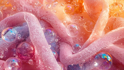 Fototapeta premium Abstract pink velvet fabric texture with sparkling liquid bubbles and crystal spheres, macro photography style, soft pastel colors, sensory and tactile background, 3D render.