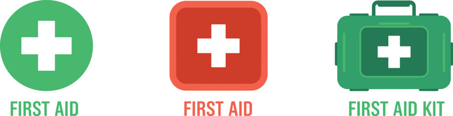 Obraz premium First aid icons in green and red with labeled cross symbols and kit design representing emergency medical care and health services