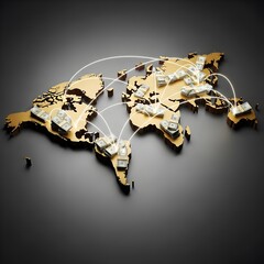 Wooden world map with connecting arc between continent block representing cross-border payment and global money transfer concept. Illustration | photo | copy space 