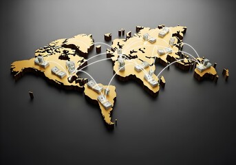 Wooden world map with connecting arc between continent block representing cross-border payment and global money transfer concept. Illustration | photo | copy space 