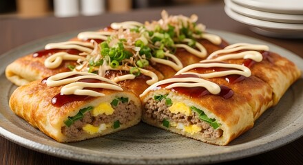 Pan-fried folded pancakes stuffed with minced meat, eggs, and green onions