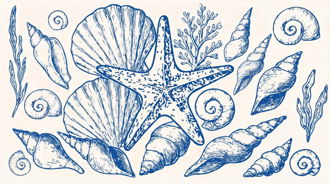 blue and white illustration of seashells and starfish on beige background