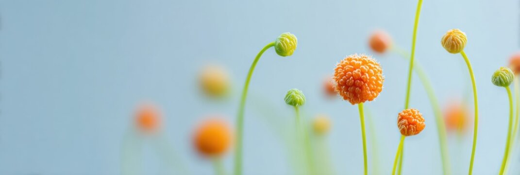 Thimbleberry wild fruit cluster growing in a meadow for botanical research and nature study, ripened orange berries on long stems with copy space for web design