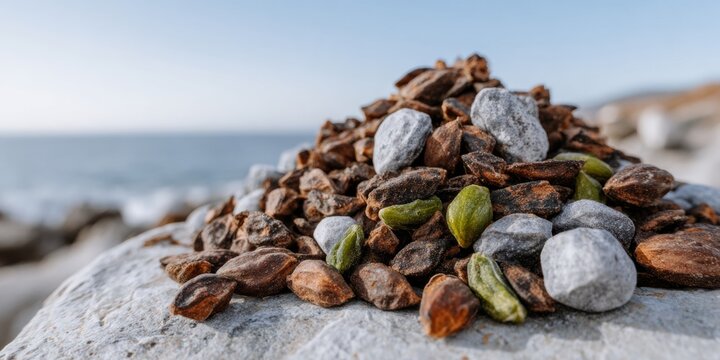 Dried cascara coffee cherry pulp gathered in a pile on a stone surface for organic food ingredient branding and marketing with a natural coastal background and copy space