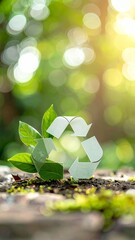 Recycle Symbol with Green Leaves on Earthy Ground in Nature.