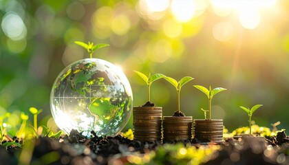 Sustainable Growth - Earth Globe, Coin Stacks, and Seedlings in a Lush Green Environment.