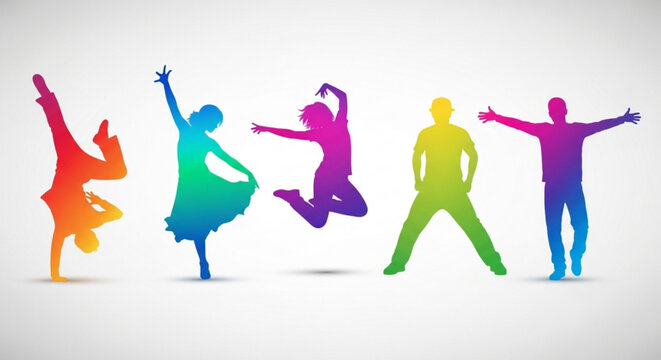 Diverse group of people in colorful silhouettes dancing and jumping representing joy movement and celebration isolated on white background