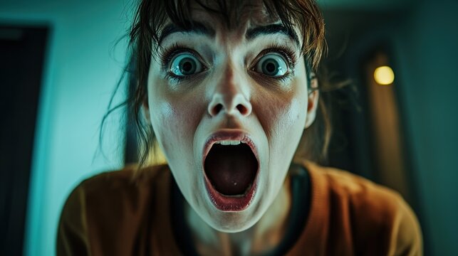 A dramatic low-angle shot captures a man's face with wide eyes and an open mouth, expressing extreme shock, surprise, or horror. Perfect for reaction memes and concepts of disbelief.