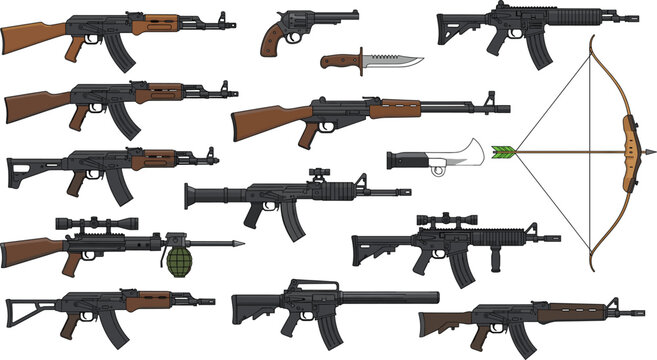 Large set of modern and historical weapon vector illustrations featuring assault rifles sniper guns bows and knives isolated on white background for tactical military and gaming design