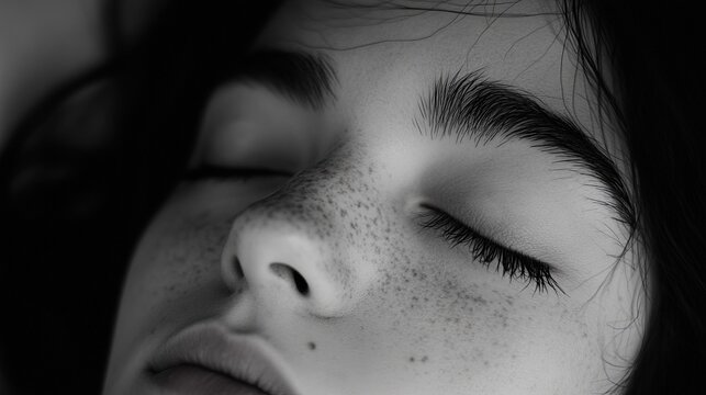A black and white macro shot of a woman's face with closed eyes and visible freckles. Evokes a sense of peace, serenity, dreams, and natural beauty.