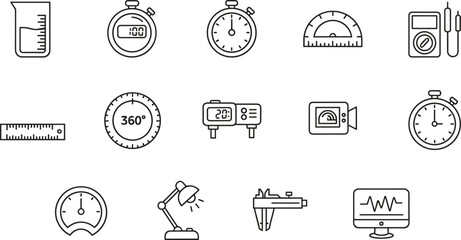 Fototapeta premium Precision measurement tool icon set laboratory equipment diagnostic testing sensors gauges scientific research engineering technical outline vector illustration bundle,