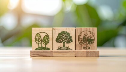 Wooden blocks with tree icons representing environmental conservation and sustainability.
