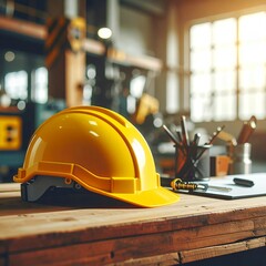 Yellow hard hat on a wooden desk in a sunlit industrial workshop.