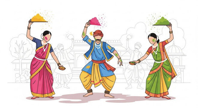 Indian people celebrating Holi festival dancing and throwing colorful powder traditional attire vector illustration for cultural events and festivals