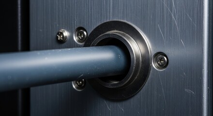 Obraz premium Close-up of a blue metal door handle with a circular plate and screws on a dark gray door