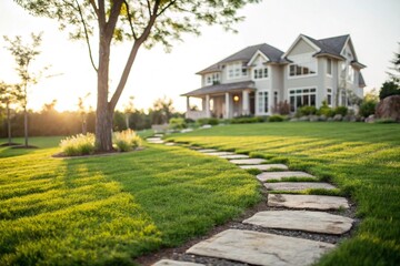 Obraz premium Beautiful landscaped backyard garden featuring a manicured green lawn, stone pathway, and modern house exterior, surrounded by lush trees and serene greenery, ideal for real estate marketing.