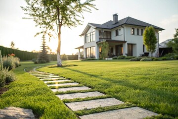 Fototapeta premium Beautiful landscaped backyard garden featuring a manicured green lawn, stone pathway, and modern house exterior, surrounded by lush trees and serene greenery, ideal for real estate marketing.