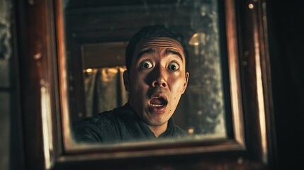 Fototapeta premium A creative shot capturing the stunned, open-mouthed reflection of a young man in a round mirror. Concept of self-realization, surprise, and seeing oneself differently.