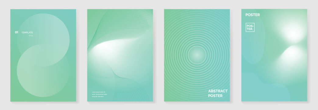 Abstract gradient poster vector background set with teal mint cyan colors, light rays and halftone dots. Modern minimal design for covers, brochures, social media.