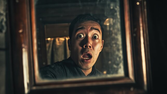 A creative shot capturing the stunned, open-mouthed reflection of a young man in a round mirror. Concept of self-realization, surprise, and seeing oneself differently.