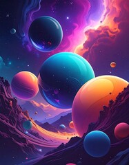 Colorful planets float above a fantastical landscape beneath swirling, vibrant nebulae in a surreal cosmic scene