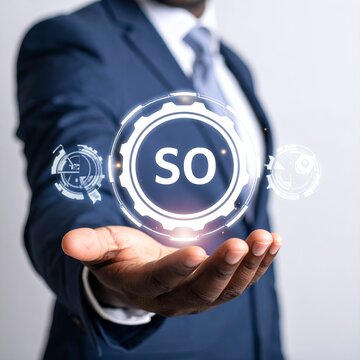 Businessman holding a glowing SO icon, representing Service-Oriented Architecture or a similar business concept.