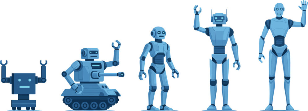 Vector illustration set showing evolution of robots from simple box bot to advanced humanoid and tank tread drone isolated on white background for technology and AI development