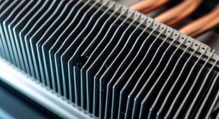 Close-up of a computer heat sink with copper pipes on a dark background.