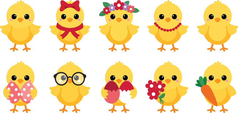 Kawaii Easter Chick Icons  Bows, Eggs, Flowers, and Spring Accessories