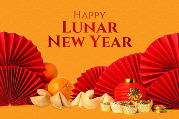 Naklejka premium Festival decorations featuring oranges, fortune cookies, and fans