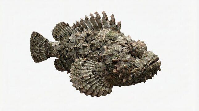 A stonefish, a venomous marine fish known for its extreme camouflage, rests on a white background.