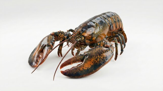 A close-up studio shot of a live American lobster with its claws prominently displayed against a plain white background.