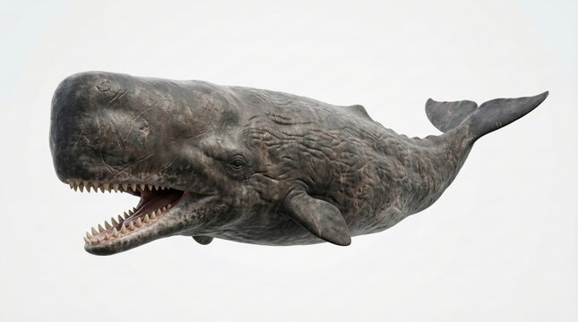A detailed, realistic depiction of a large sperm whale with its mouth open, showcasing its powerful teeth and textured skin against a plain background.