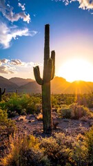 Desert landscape with a tall cactus silhouette against a bright, setting sun