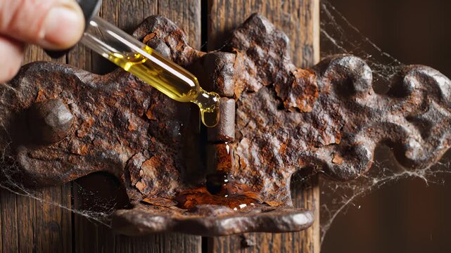 Applying Lubricating Oil to an Old, Rusted Metal Hinge With Pipette