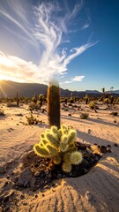 Desert scene a Teddy Bear Cholla cactus at sunrise, with mountains and striated clouds in the background