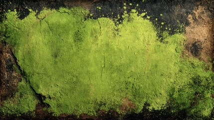 Rustic green textured background with deep olive patch, rough edges, paint strokes and splatters on dark brown surface, perfect for vintage and distressed design projects.