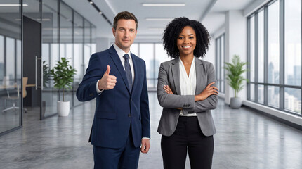 Professional Man in a Dark Suit Gives Thumbs-Up Next to a Woman with Crossed Arms in a Modern Office Space