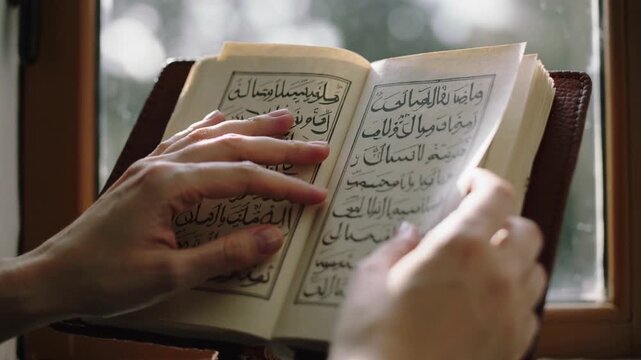 Hands holding an open book with Arabic script near a window.