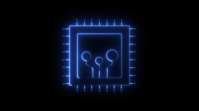 Glowing blue neon lines animate to form a digital microchip on a black background, representing technology, data processing, and artificial intelligence in a sleek, abstract animation loop.