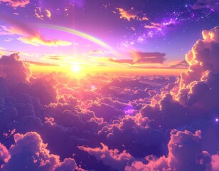 Vibrant sunset above fluffy clouds with hues of purple, pink, and orange
