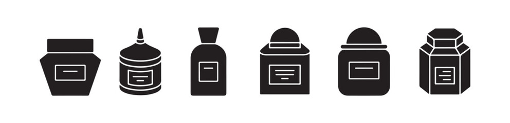 Obraz premium Collection of black vector icons showing various geometric shapes of ink bottles and cosmetic packaging jars silhouettes