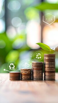 Growing stacks of coins with green leaves and recycling icons, symbolizing sustainable finance and environmental investment.