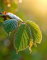 Dew-kissed green leaves catch the golden morning sun, creating a shimmering, fresh, and vibrant nature scene
