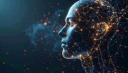 Digital profile humanoid face intertwined with glowing network, against a dark blue background, creating a futuristic aesthetic